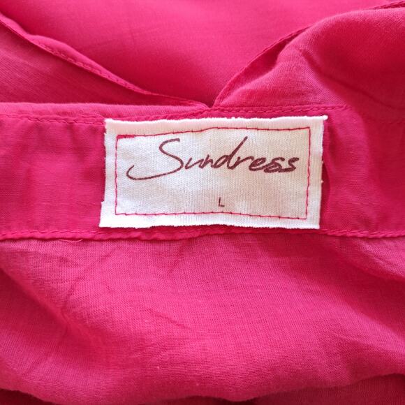 SUNDRESS Maggie Fuchsia Pink Midi Maxi Dress Large Deep V Ruffle Hem Cotton Silk - Picture 8 of 12